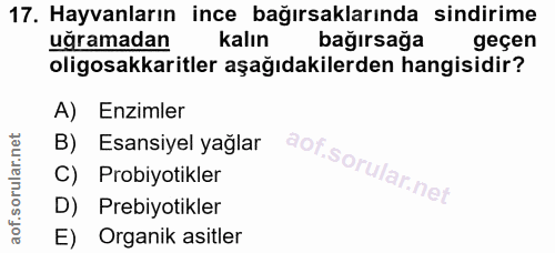 17. soru: Hayvanların ince bağırsaklarında sindirime uğramadan kalın bağırsağa geçen oligosakkaritler aşağıdakilerden hangisidi…