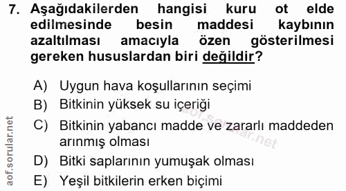 7. soru: Aşağıdakilerden hangisi kuru ot elde edilmesinde besin maddesi kaybının azaltılması amacıyla özen gösterilmesi gereke…