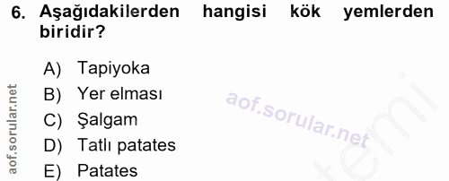 6. soru: Aşağıdakilerden hangisi kök yemlerden biridir? A) Tapiyoka B) Yer elması C) Şalgam D) Tatlı patates E) Patates