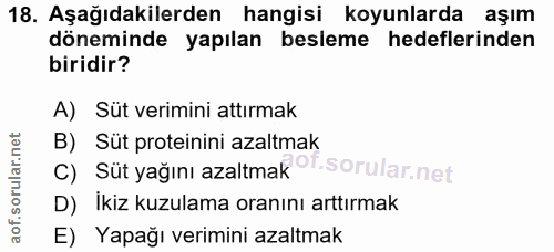 18. soru: Aşağıdakilerden hangisi koyunlarda aşım döneminde yapılan besleme hedeflerinden biridir? A) Süt verimini attırmak B)…