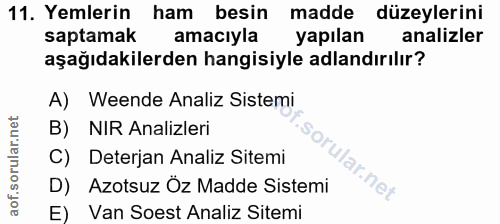 11. soru: Yemlerin ham besin madde düzeylerini saptamak amacıyla yapılan analizler aşağıdakilerden hangisiyle adlandırılır? A)…