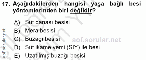 17. soru: Aşağıdakilerden hangisi yaşa bağlı besi yöntemlerinden biri değildir? A) Süt danası besisi B) Mera besisi C) Buzağı b…