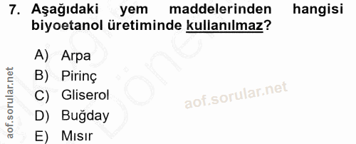 7. soru: Aşağıdaki yem maddelerinden hangisi biyoetanol üretiminde kullanılmaz? A) Arpa B) Pirinç C) Gliserol D) Bugday E) Mısır