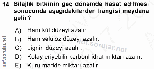14. soru: Silajlık bitkinin geç dönemde hasat edilmesi sonucunda aşağıdakilerden hangisi meydana gelir? A) Ham kül düzeyi azalı…