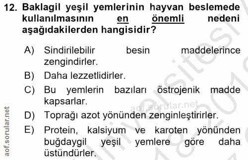 12. soru: Baklagil yeşil yemlerinin hayvan beslemede kullanılmasının en önemli nedeni aşağıdakilerden hangisidir? A) Sindirileb…