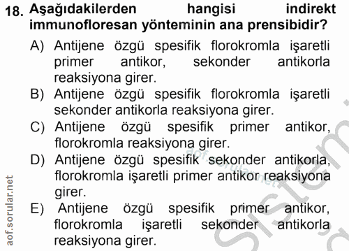 18. soru: Aşağıdakilerden hangisi indirekt immunofloresan yönteminin ana prensibidir? A) Antijene özgü spesifik florokromla işa…