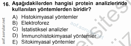 16. soru: Aşağıdakilerden hangisi protein analizlerinde kullanılan yöntemlerden biridir? A) Histokimyasal yöntemler B) Elektrof…