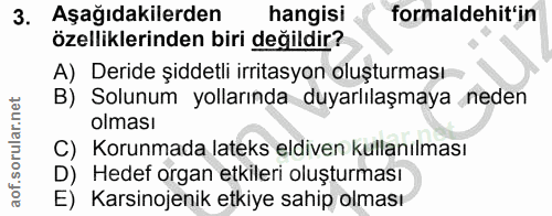 3. soru: Aşağıdakilerden hangisi formaldehit'in özelliklerinden biri değildir? A) Deride şiddetli irritasyon oluşturması B) So…