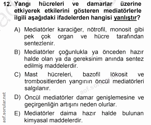 12. soru: Yangı hücreleri ve damarlar üzerine etkiyerek etkilerini gösteren mediatörlerle ilgili aşağıdaki ifadelerden hangisi…