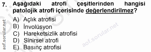 7. soru: Aşağıdaki atrofi çeşitlerinden hangisi patolojik atrofi içerisinde değerlendirilmez? A) Açlık atrofisi B) Involüsyon…