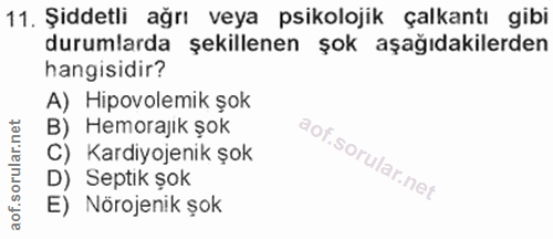 11. soru: Şiddetli ağrı veya psikolojik çalkantı gibi durumlarda şekillenen şok aşağıdakilerden hangisidir? A) Hipovolemik şok…
