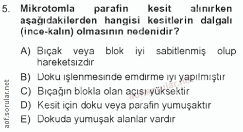 5. soru: Mikrotomla parafin kesit alınırken aşağıdakilerden hangisi kesitlerin dalgalı (ince-kalın) olmasının nedenidir? A) Bı…