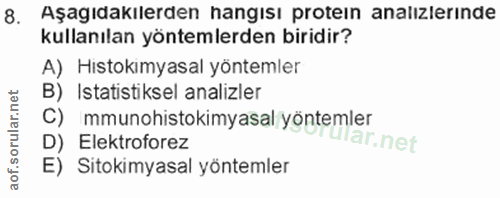8. soru: Aşagıdakılerden hangısı protein analızlerinde kullanılan yöntemlerden biridir? A) Histokimyasal yöntemler B) Istatist…