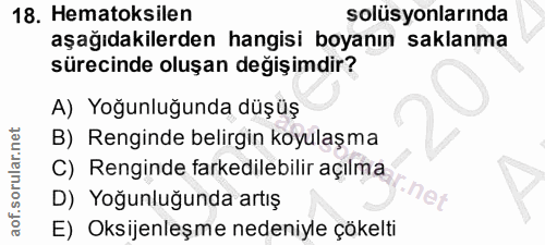 18. soru: Hematoksilen solüsyonlarında aşağıdakilerden hangisi boyanın saklanma sürecinde oluşan değişimdir? A) Yoğunluğunda dü…
