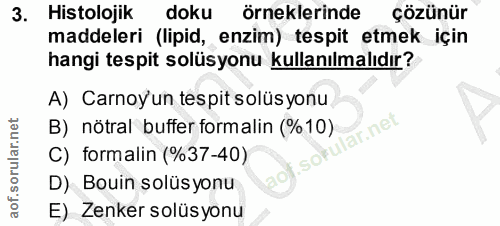 3. soru: Histolojik doku örneklerinde çözünür maddeleri (lipid, enzim) tespit etmek için hangi tespit solüsyonu kullanılmalıdı…