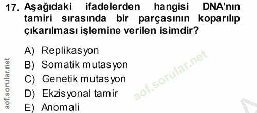 17. soru: Aşağıdaki ifadelerden hangisi DNA'nIn tamiri sırasında bir parçasının koparılıp çıkarılması işlemine verilen isimdir?…