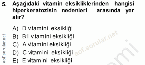 5. soru: Aşağıdaki vitamin eksikliklerinden hangisi hiperkeratozisin nedenleri arasında yer alır? A) D vitamini eksikliği B) B…