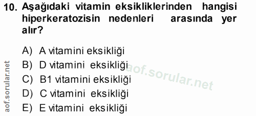 10. soru: Aşağıdaki vitamin eksikliklerinden hangisi hiperkeratozisin nedenleri arasında yer alır? A) A vitamini eksikliği B) D…