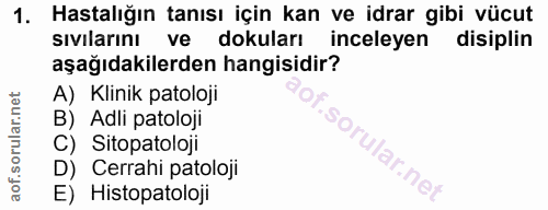 1. soru: Hastalığın tanısı için kan ve idrar gibi vücut sıvılarını ve dokuları inceleyen disiplin aşağıdakilerden hangisidir?…