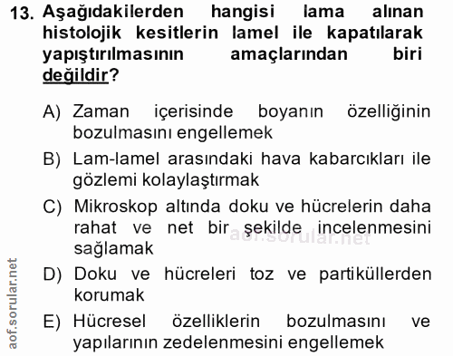 13. soru: Aşağıdakilerden hangisi lama alınan histolojik kesitlerin lamel ile kapatılarak yapıştırılmasının amaçlarından biri d…