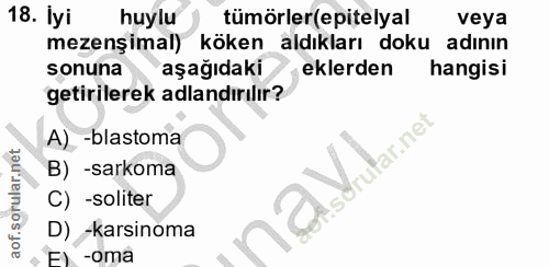 18. soru: İyi huylu tümörler(epitelyal veya mezenșimal) köken aldıkları doku adının sonuna aşağıdaki eklerden hangisi getiriler…
