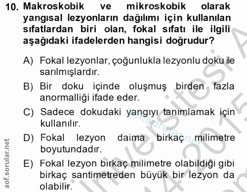 10. soru: Makroskobik ve mikroskobik olarak yangısal lezyonların dağılımı için kullanılan sıfatlardan biri olan, fokal sıfatı i…