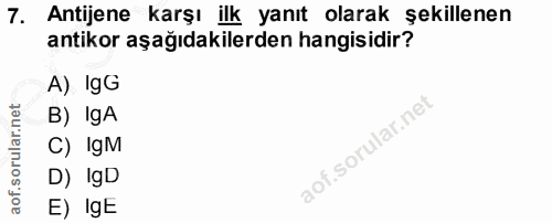 7. soru: Antijene karşı ilk yanıt olarak şekillenen antikor aşağıdakilerden hangisidir? A) IgG B) IgA C) gM D) IgD E) IgE