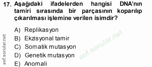 17. soru: Aşağıdaki ifadelerden hangisi DNA'nIn tamiri sırasında bir parçasının koparılıp çıkarılması işlemine verilen isimdir?…