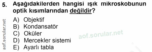 5. soru: Aşağıdakilerden hangisi ışık mikroskobunun optik kısımlarından değildir? A) Objektif B) Kondansatör C) Oküler D) Merc…