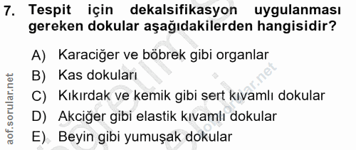 7. soru: Tespit için dekalsifikasyon uygulanması gereken dokular aşağıdakilerden hangisidir? A) Karaciğer ve böbrek gibi organ…