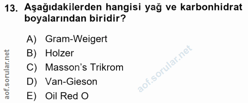 13. soru: Aşağıdakilerden hangisi yağ ve karbonhidrat boyalarından biridir? A) Gram-Weigert B) Holzer C) Masson's Trikrom D) Va…