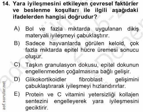 14. soru: Yara iyileşmesini etkileyen çevresel faktörler ve beslenme koşulları ile ilgili aşağıdaki ifadelerden hangisi doğrudu…
