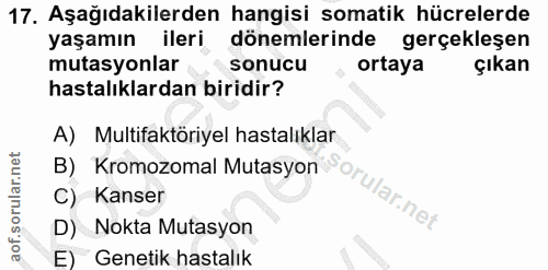 17. soru: Aşağıdakilerden hangisi somatik hücrelerde yaşamın ileri dönemlerinde gerçekleşen mutasyonlar sonucu ortaya çıkan has…