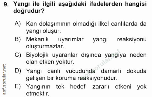 9. soru: Yangı ile ilgili aşağıdaki ifadelerden hangisi doğrudur? A) Kan dolaşımının olmadığı ilkel canlılarda da yangı oluşur…