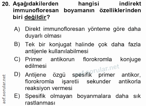 20. soru: Aşağıdakilerden hangisi indirekt immunofloresan boyamanın özelliklerinden biri değildir? A) Direkt immunofloresan yön…