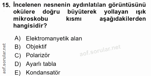 15. soru: İncelenen nesnenin aydınlatılan görüntüsünü okülere doğru büyüterek yollayan ışık mikroskobu kısmı aşağıdakilerden ha…