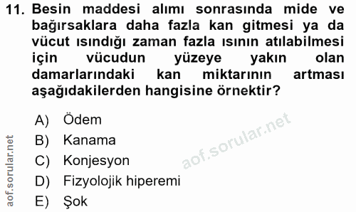 11. soru: Besin maddesi alımı sonrasında mide ve bağırsaklara daha fazla kan gitmesi ya da vücut ısındığı zaman fazla ısının at…