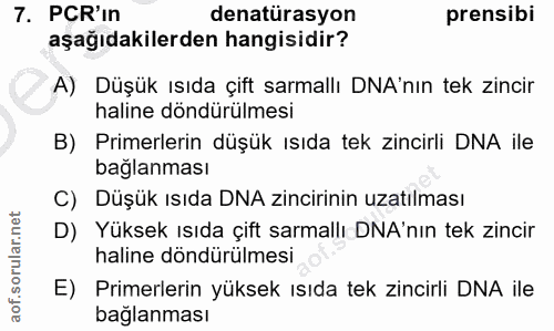 7. soru: PCR'in denatürasyon prensibi aşağıdakilerden hangisidir? A) Düşük ısıda çift sarmallı DNA'nın tek zincir haline döndü…