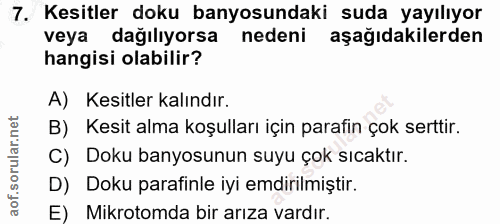 7. soru: Kesitler doku banyosundaki suda yayılıyor veya dağılıyorsa nedeni aşağıdakilerden hangisi olabilir? A) Kesitler kalın…