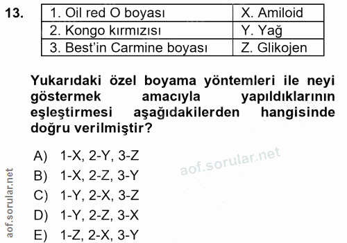 13. soru: 1. Oil red O boyası X. Amiloid 2. Kongo kırmıZıS! Y. Yağ 3. Best'in Carmine boyası Z. Glikojen Yukarıdaki özel boyama…