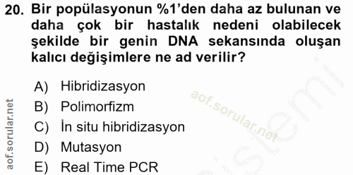 20. soru: Bir popülasyonun %1'den daha az bulunan ve daha çok bir hastalık nedeni olabilecek şekilde bir genin DNA sekasında ol…