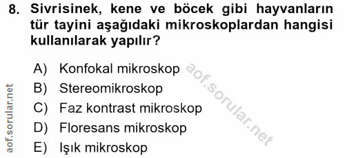 8. soru: Sivrisinek, kene ve böcek gibi hayvanların tür tayini aşağıdaki mikroskoplardan hangisi kullanılarak yapılır? A) Konf…