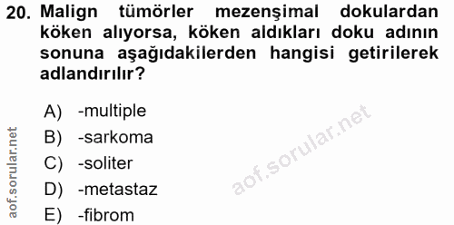 20. soru: Malign tümörler mezenşimal dokulardan köken alıyorsa, köken aldıkları doku adının sonuna aşağıdakilerden hangisi geti…