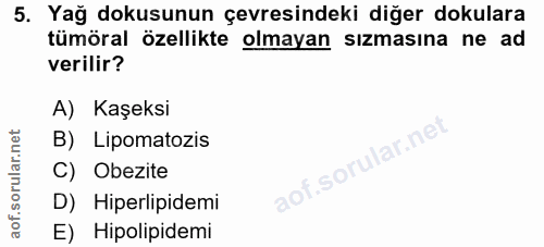 5. soru: Yağ dokusunun çevresindeki diğer dokulara tümöral özellikte olmayan sızmasına ne ad verilir? A) Kaşeksi B) Lipomatozi…