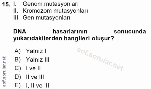 15. soru: I Genom mutasyonları Il. Kromozom mutasyonları IlI. Gen mutasyonları DNA hasarlarının sonucunda yukarıdakilerden hang…