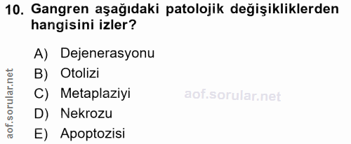 10. soru: Gangren aşağıdaki patolojik değişikliklerden hangisini izler? A) Dejenerasyonu B) Otolizi C) Metaplaziyi l orul D) Ne…