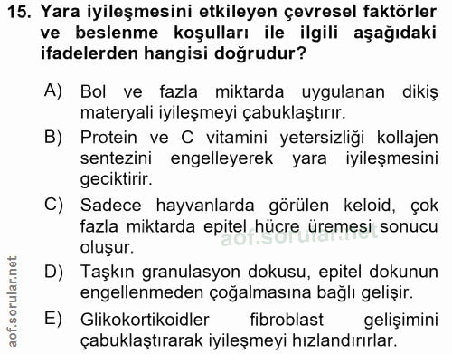 15. soru: Yara iyileşmesini etkileyen çevresel faktörler ve beslenme koşulları ile ilgili aşağıdaki ifadelerden hangisi doğrudu…
