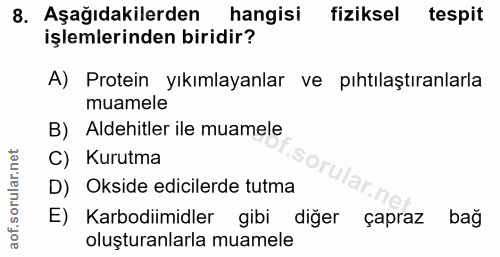 8. soru: Aşağıdakilerden hangisi fiziksel tespit işlemlerinden biridir? A) Protein yıkımlayanlar ve pıhtılaştıranlarla muamele…