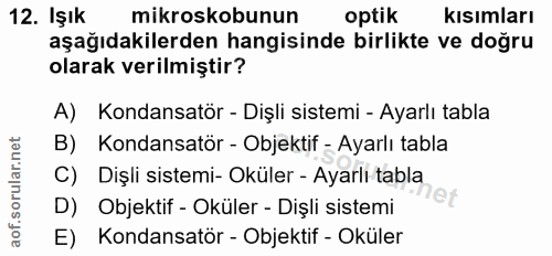 12. soru: Işık mikroskobunun optik kısımları aşağıdakilerden hangisinde birlikte ve doğru olarak verilmiştir? A) Kondansatör -…