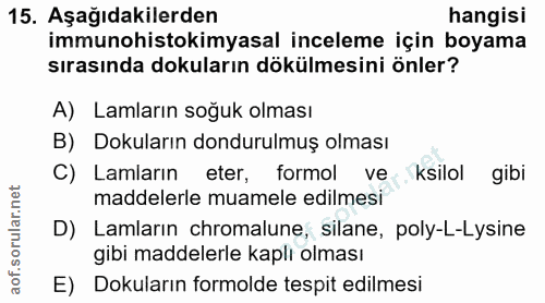 15. soru: Aşağıdakilerden hangisi immunohistokimyasal inceleme için boyama sırasında dokuların dökülmesini önler? A) Lamların s…